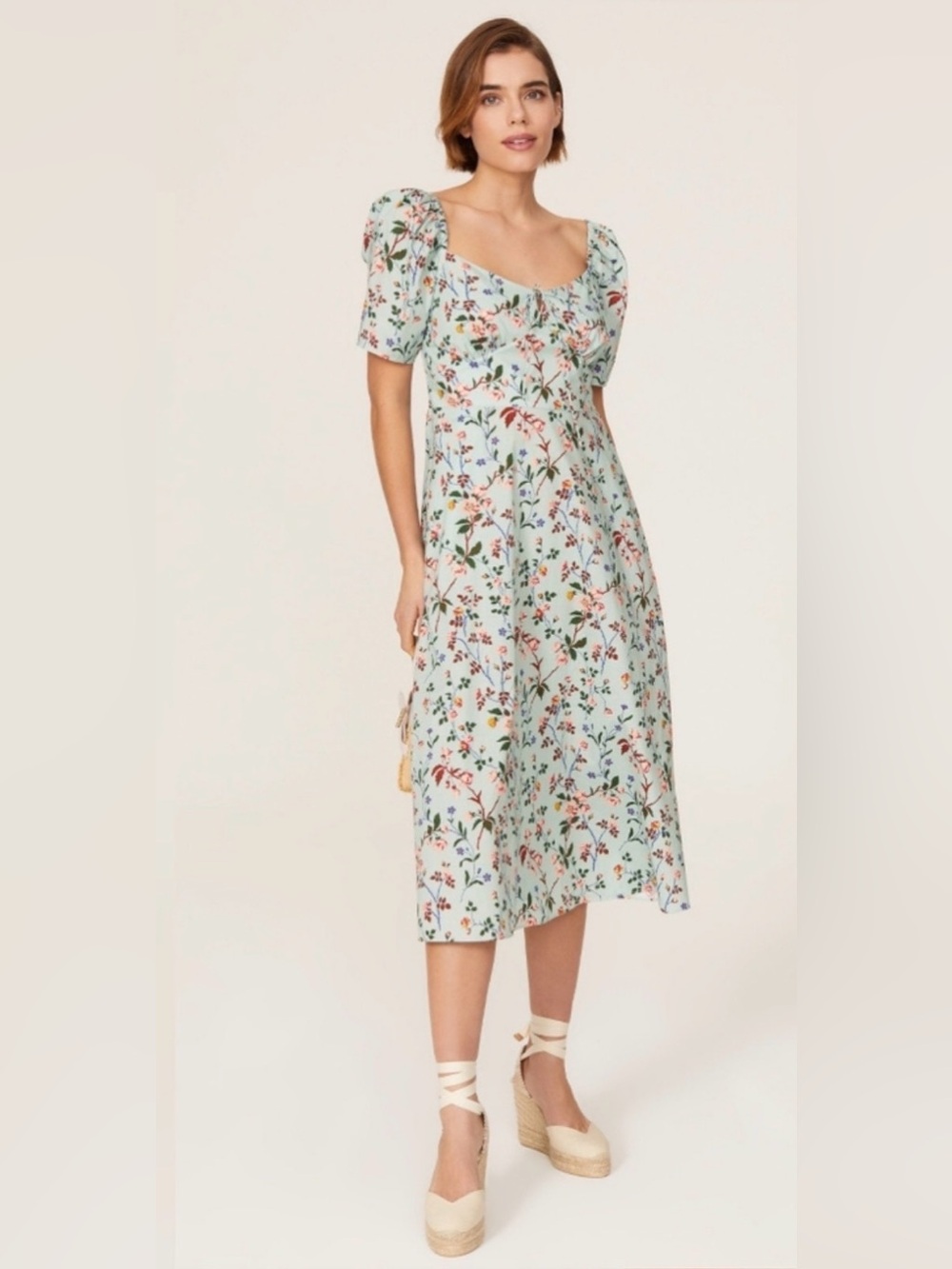 L.K. Bennett Phelia Dress Midi Floral Print Sweetheart Neckline Puff Sleeves